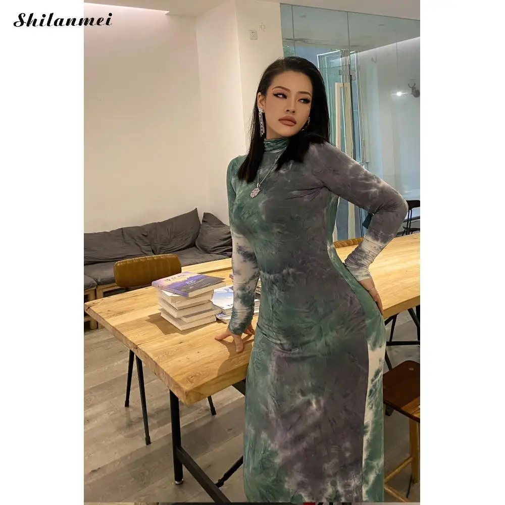 

2020 Spring Autumn Long Sleeve Dress Tie Dye Print Bodycon Sexy Midi Dress Turtleneck Stacked Streetwear Outfits Party Clubwear