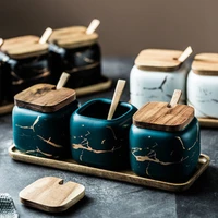 creative nordic style marble pattern ceramic kitchen seasoning tank set wooden cover salt shaker spice jar kitchen accessories
