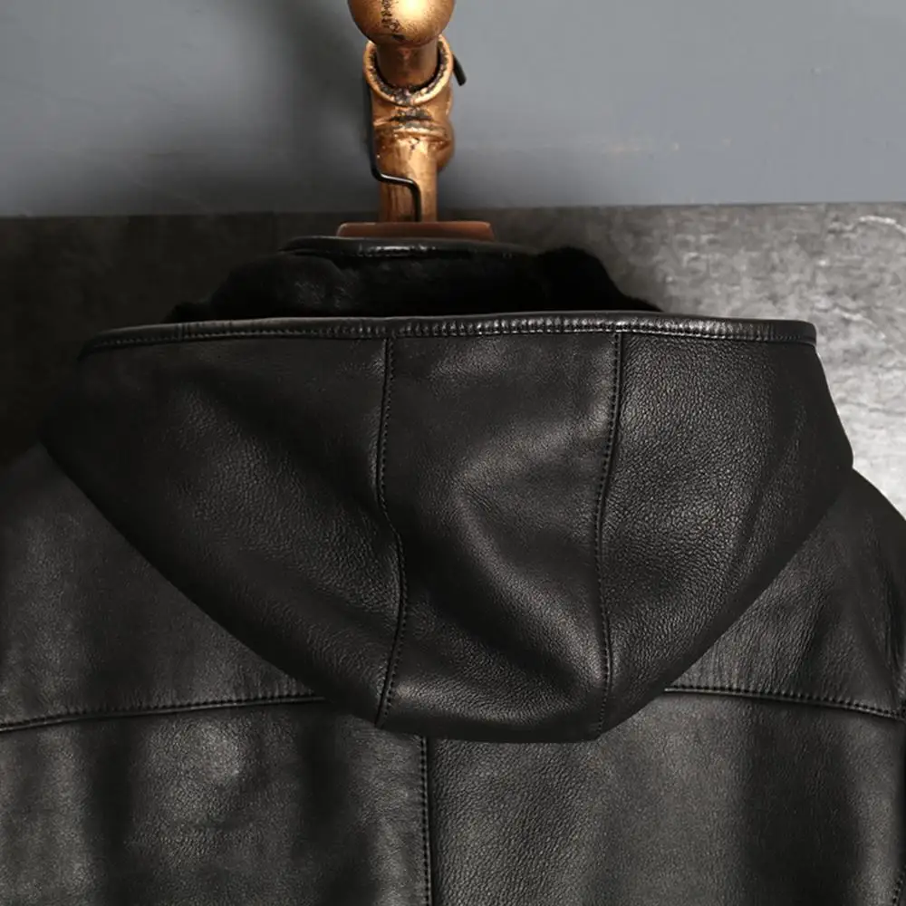 2019 Черная Мужская овчина с капюшоном мужская дубленка куртка меховое пальто