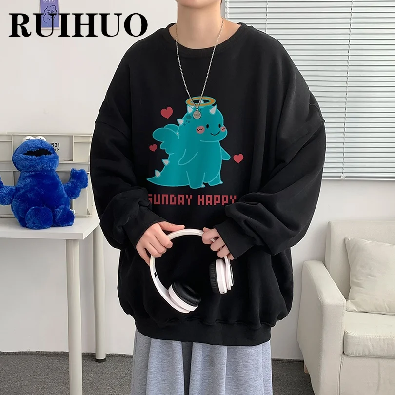 

RUIHUO Cartoon Dinosaur Sweatshirts Men Clothing Korean Fashion Streetwear Men Sweetshirts M-3XL 2021 Autumn New Arrivals