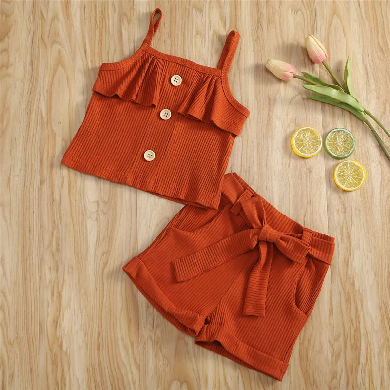 

Toddler Kids Baby Girls Summer Clothes Ruffles Knitted Button Vest Crop Tops Bowknot Shorts Pants Toddler Infant Sling Outfits