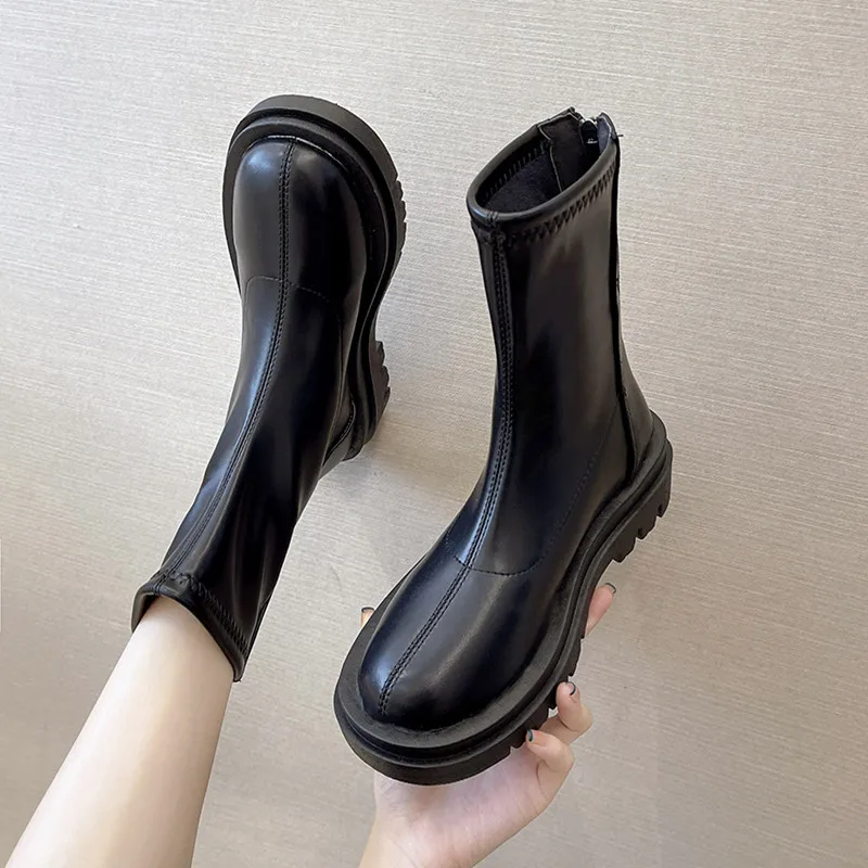 

Rock Shoes Woman Round Toe Lolita Boots Zipper Boots-Women Leather Med Ankle Autumn Ladies Rubber 2021 Fabric Basic Rome PU Soli