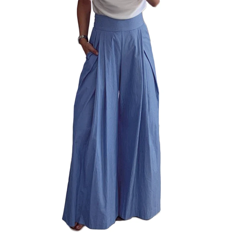 Light Blue ZANZEA, женские широкие брюки с высокой талией, повседневные длинные брюки с карманами, штаны на молнии сзади, для работы в офисе, шикарные штаны, Pantalones Mujer 5XL - Цвет: Light Blue