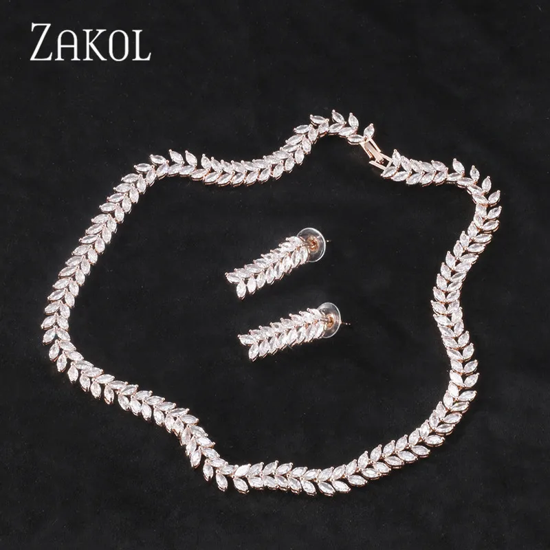 Rose Gold Color ZAKOL классические высококачественные свадебные украшения с кубическим цирконием и листьями, серьги и ожерелье, набор для женщин, Свадебные вечерние украшения FSSP427 - Окраска металла: Rose Gold Color