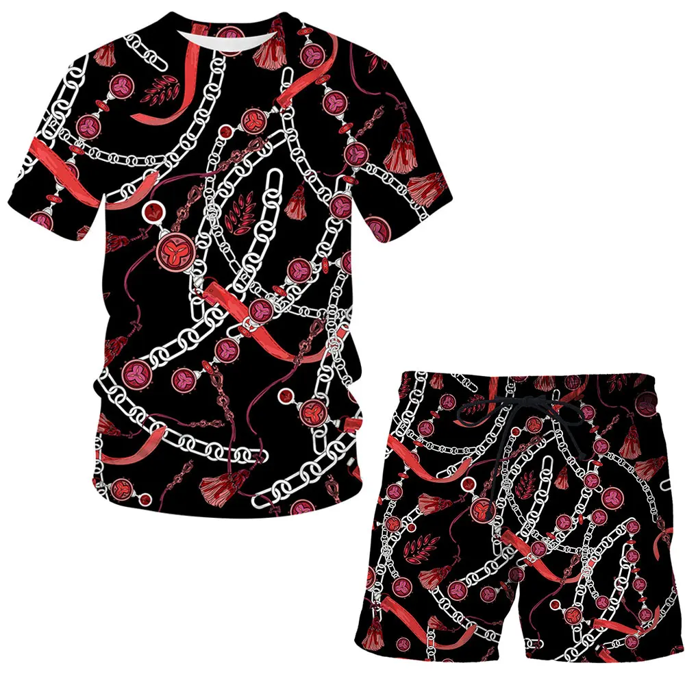 

2021 New summer new men's sets 3D printing Iron chain round neck T-shirt casual sports short-sleeved running fashion shorts suit