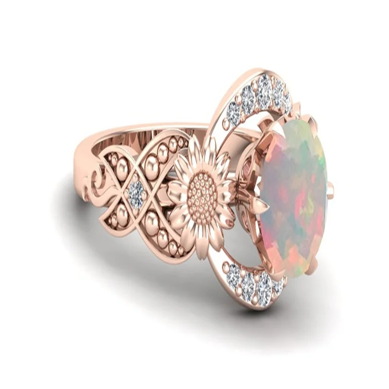 

Luxury Dlicate Oval Opal Sunflower Ring Unique Rose Color Pattern Design For Women Exquisite Wedding Engagement Jewelry Gifts
