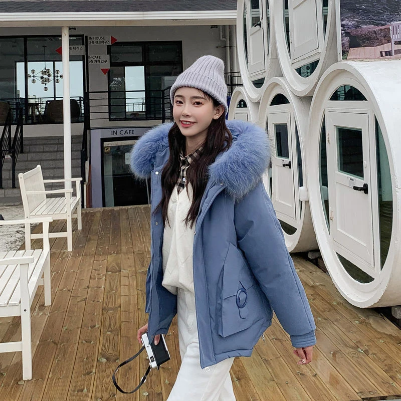 

New Arrival Korea Fashion Winter Women Parkas Big Fur Collar Hooded Coat Casual thicken Warm Wadded Jackets Ladies Coats D276