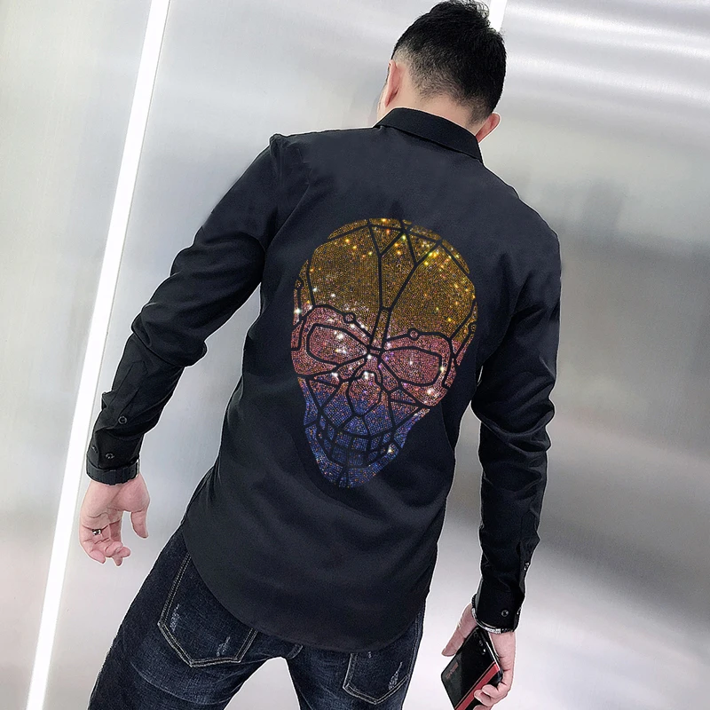 

New Men's T-Shirt Solid Color Hot Rhinestone Wild Skull Luxury Long Sleeve Business Lapel Design Tops