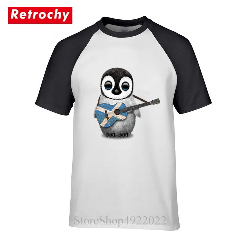 Funny Men's Hipster O-Neck T Shirt Cute Baby Penguin Playing Scottish Flag Guitar T-Shirt Summer Urban Trendy Brand Tshirt Homme | Мужская