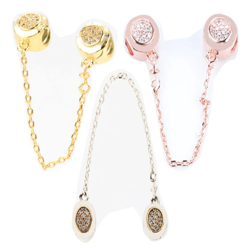 

Original 925 Sterling Silver Shiny Tricolor Circle With Crystal Cz Safety Chain Fit Pan Women Bracelet & Necklace Jewelry