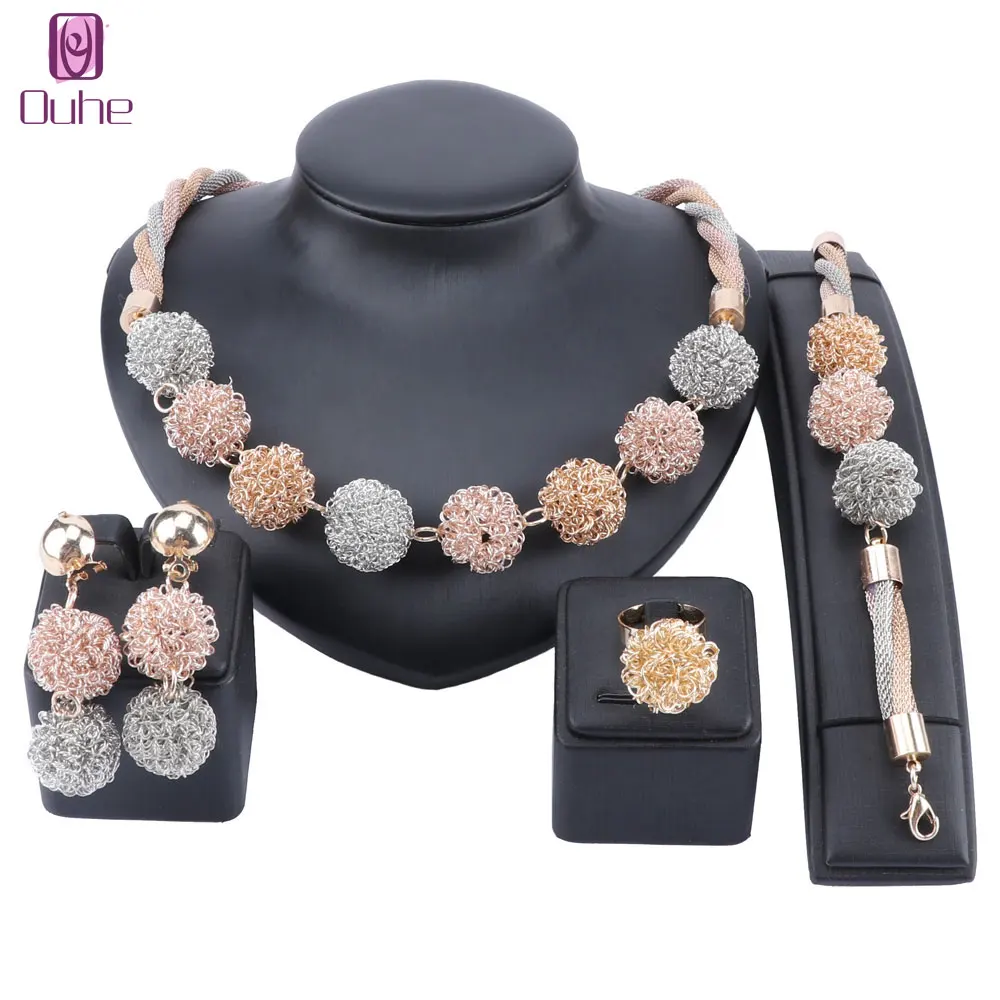

Fashion Bridal Jewelry Sets For Women Dubai Gold Necklace Earrings Bracelet Ring Wedding Engagement Jewelry Set
