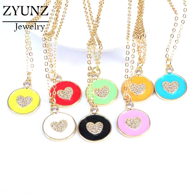 

5 шт., золотой цвет Нежный cz сердце эмалированный круглый кулон ожерелье для женщин подарок! Романтические ювелирные изделия