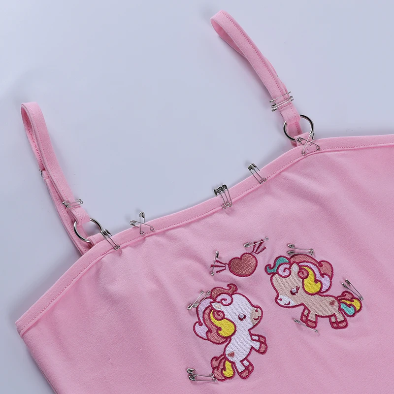 

InstaHot Sexy Harajuku Camis y2k Summer 2021 Crop Top Streetwear Embroidery Pink Metal Strap Cute Gothic Punk Camisole Female
