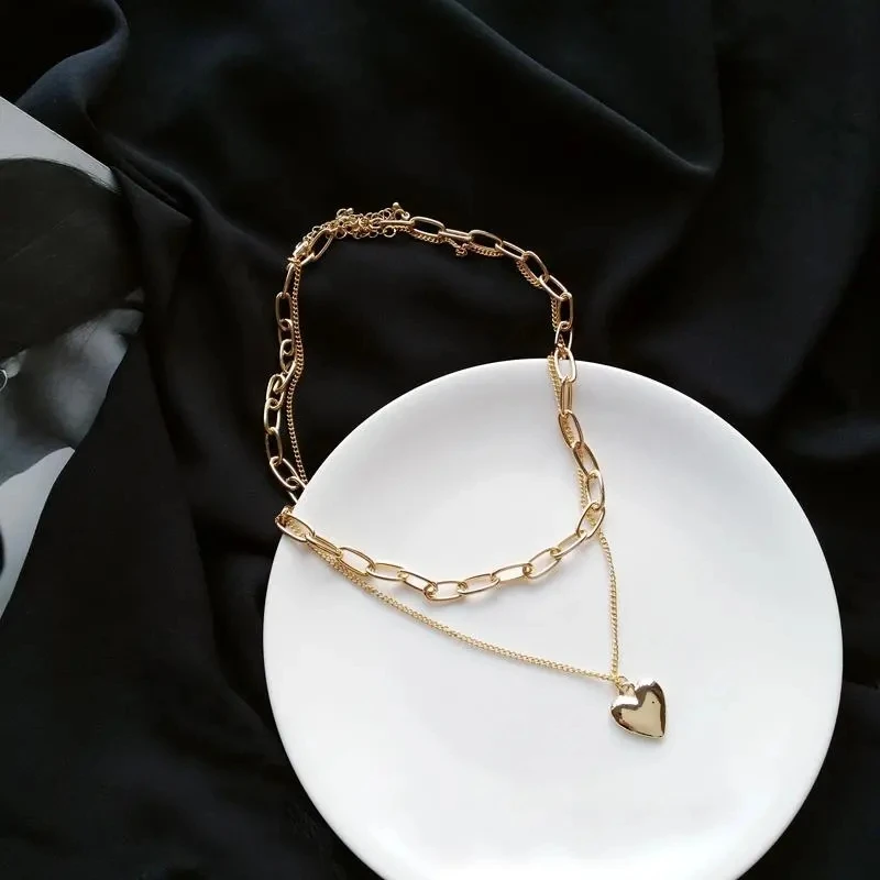 

OE New Arrival 2021 Fashion Sweet Girls Elegant Heart Double Necklace For Women Party Choker Jewelry Gifts