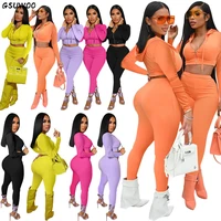 gsuwoo autumn womens casual sports two piece sets long sleeve drawstring hooded crop zipper coat and leggings outfits
