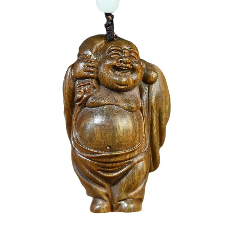 Зеленая сандаловая скульптура Смеющегося Будды Майтреи размером 7X4X3.5 см, счастливое деревянное резьбовое изделие Фэн-шуй для коллекции украшений.