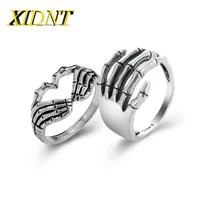 xidnt ancient silver hand strap heart shaped ring mens punk gothic creative skull couple ring womens hip hop band jewelry gif