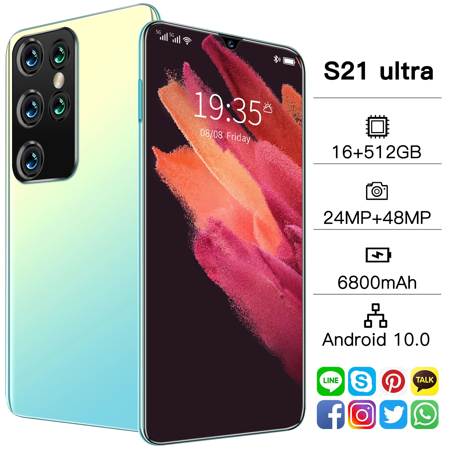 

Global Version S21 Ultra 7.1-inch Smartphone 16G+512G 6800mAh Android Phone Supports Google Play Face ID 5G Network Cellphone