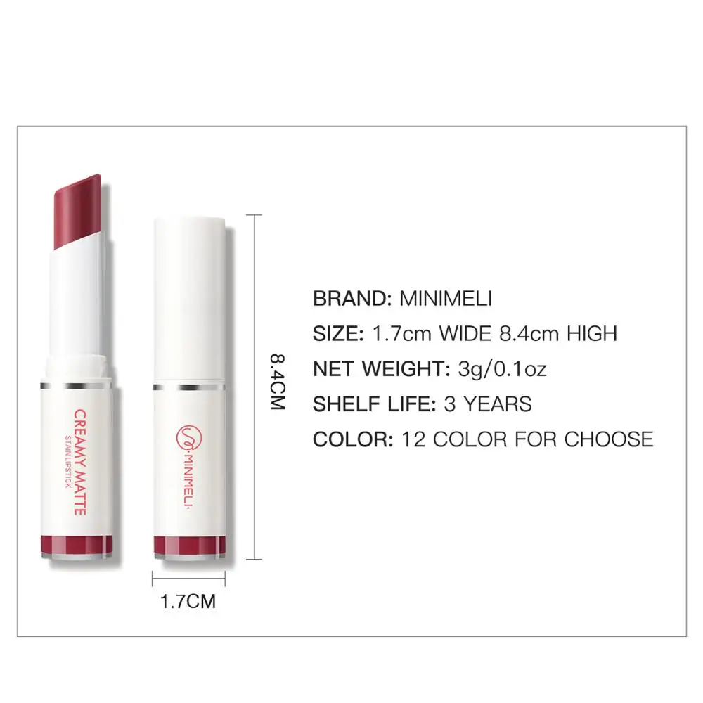 

MINIMELI Creamy Matte Satin Lipstick Long-Lasting Water-Resistant Lip Gloss Moisturizing Lip Makeup Cosmetics Lipstick 12 Colors