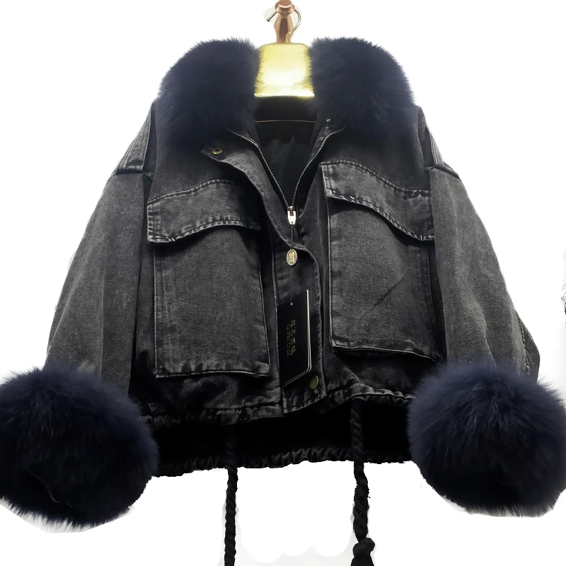 Winter loose thickening removable Rex rabbit hair liner cowboy parkas Natural Fox fur cuff collar female short coat Natural