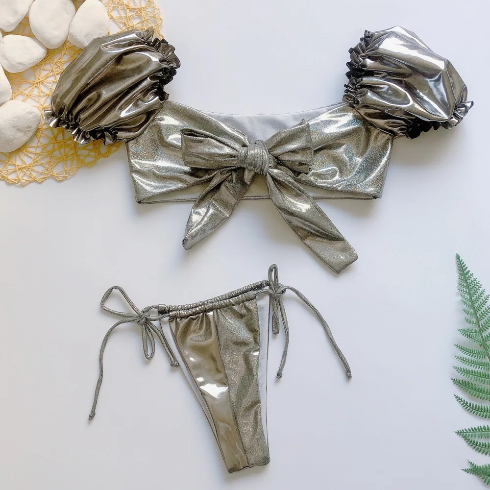 

Sequins Silver Lace Up Bikini 2020 Mujer Biquini Front Tie Sexy Off Shoulder Bathers Bathing Suit Brazilian Thong Swimsuit