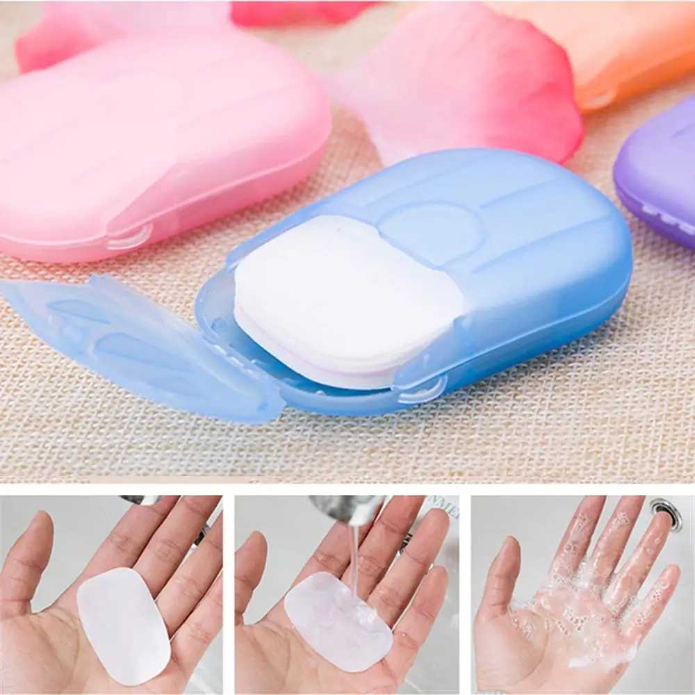 

20Pcs/ Box Travel Portable Disinfecting Paper Soaps Washing Hand Mini Disposable Scented Slice Sheets Foaming Soap Case Paper