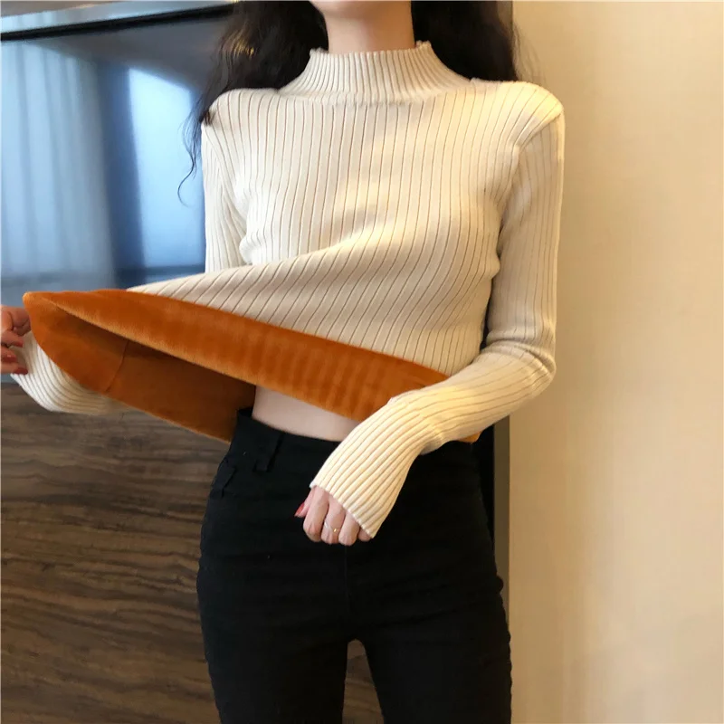 

Утепленная вязаная рубашка с полувысоким воротником, плюшевый Топ с длинным рукавом однотонного цвета, Осень-зима 2021