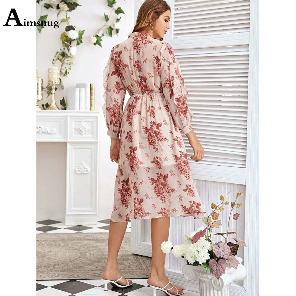

Women Elegant Mid-Calf Dress Long Sleeve Boho Flower Print Party Dresses Vintage 2021 Summer Chiffon A-line Dress Femme Clothes