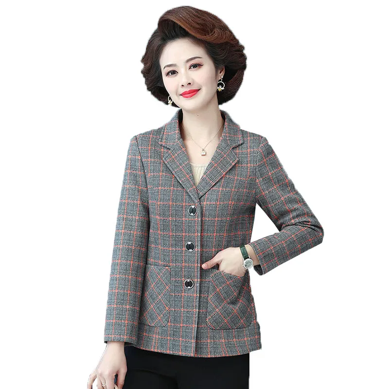 Middle-aged elderly Women's Jacket Coat Autumn Short Coat Mother lattice Jackets Female Casual Basic Outerwear Ladies Overcoat