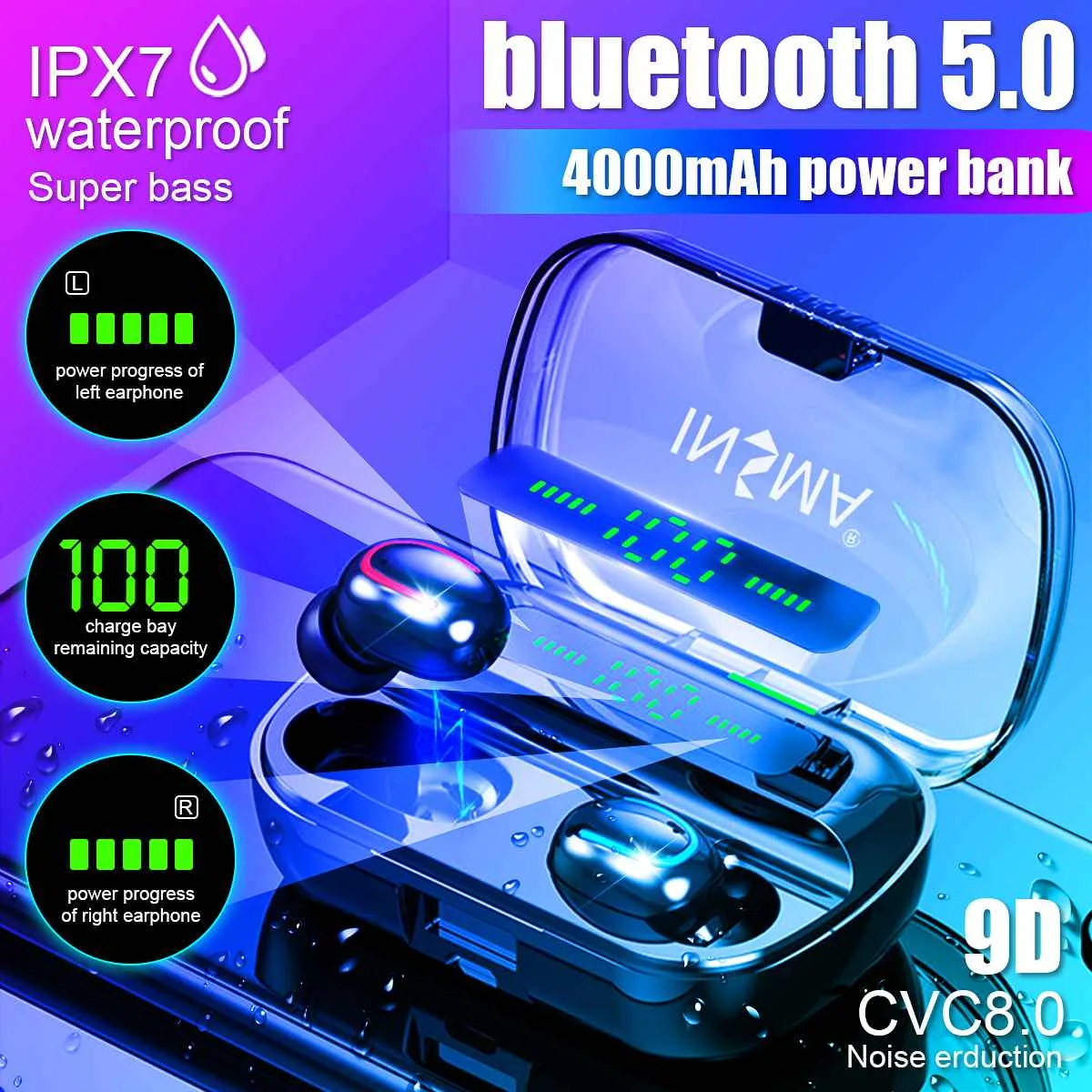 INSMA VFM 2 с 4000 мАч Внешний аккумулятор bluetooth 5 0 TWS наушники светодиодный цифровой
