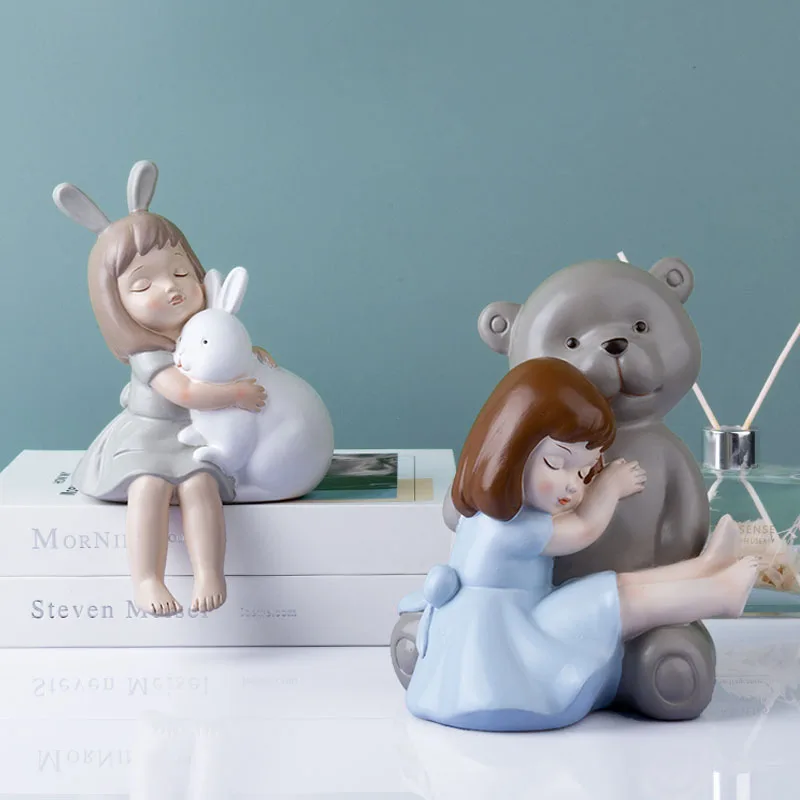 

European Modern Polar Bear Hug With Little Girl Resin Ornament Desktop Figurines Handicrafts Home Bedroom Decoration Furnishings