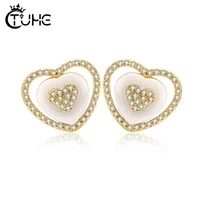 tuhe double heart ceramic stud earrings with aaa cubic zirconia ear jewelry for women fashion black white ceramic trendy earring