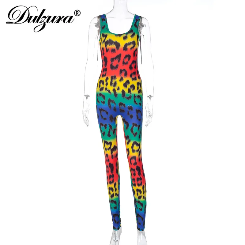 

Dulzura leopard tie dye rainbow women long jumpsuit sleeveless bodycon skinny streetwear 2020 summer clothes fitness club party