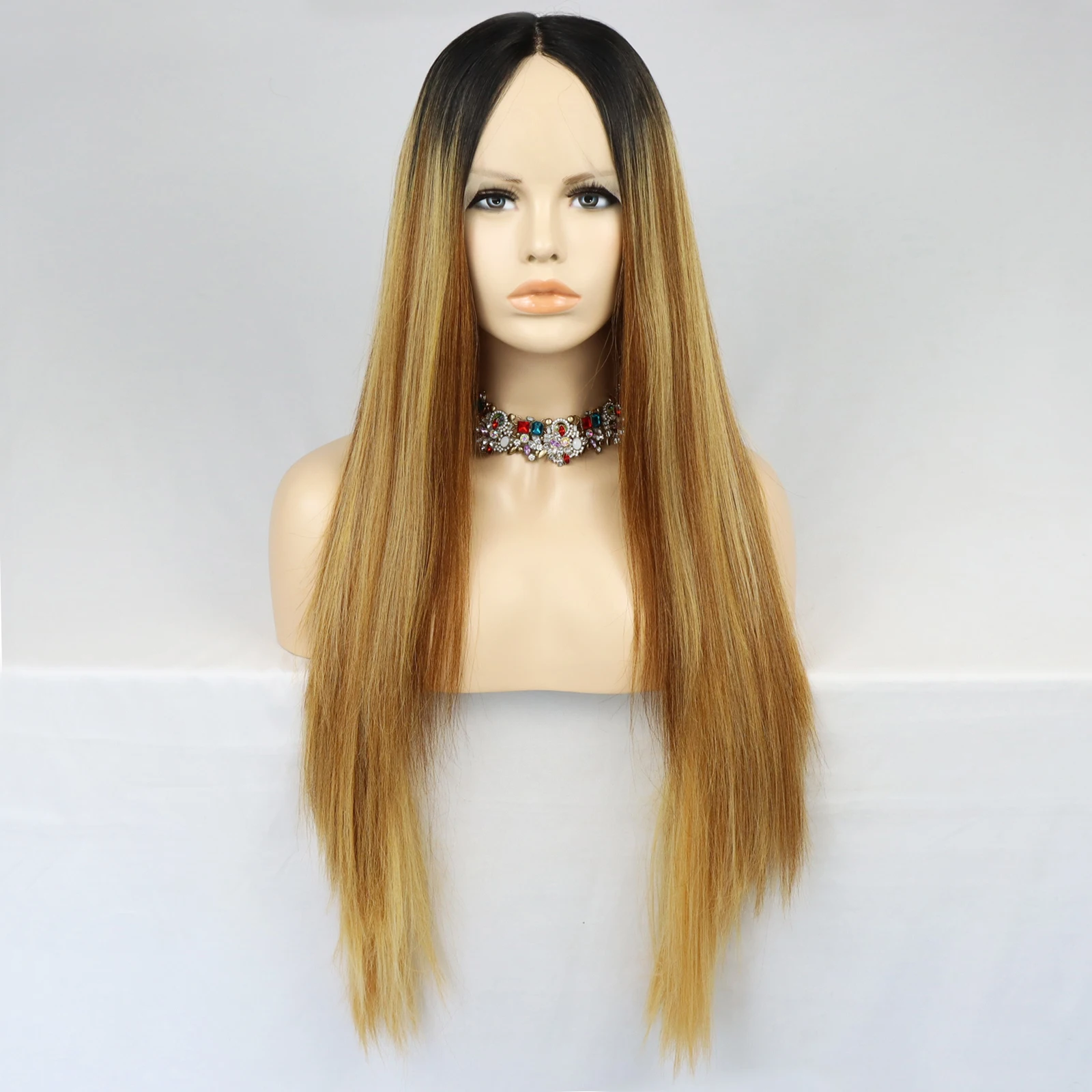 Ombre Brown Blonde Lace Front Wig Synthetic Hair Straight Highlight Pre Plucked with Baby Hair Lace Frontal Wigs for Black Women