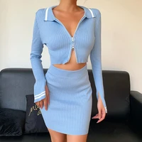 autumn winter knit two piece set women 2020 blue long sleeve crop top zip up and mini bodycon skirt slim suit sexy party outfits