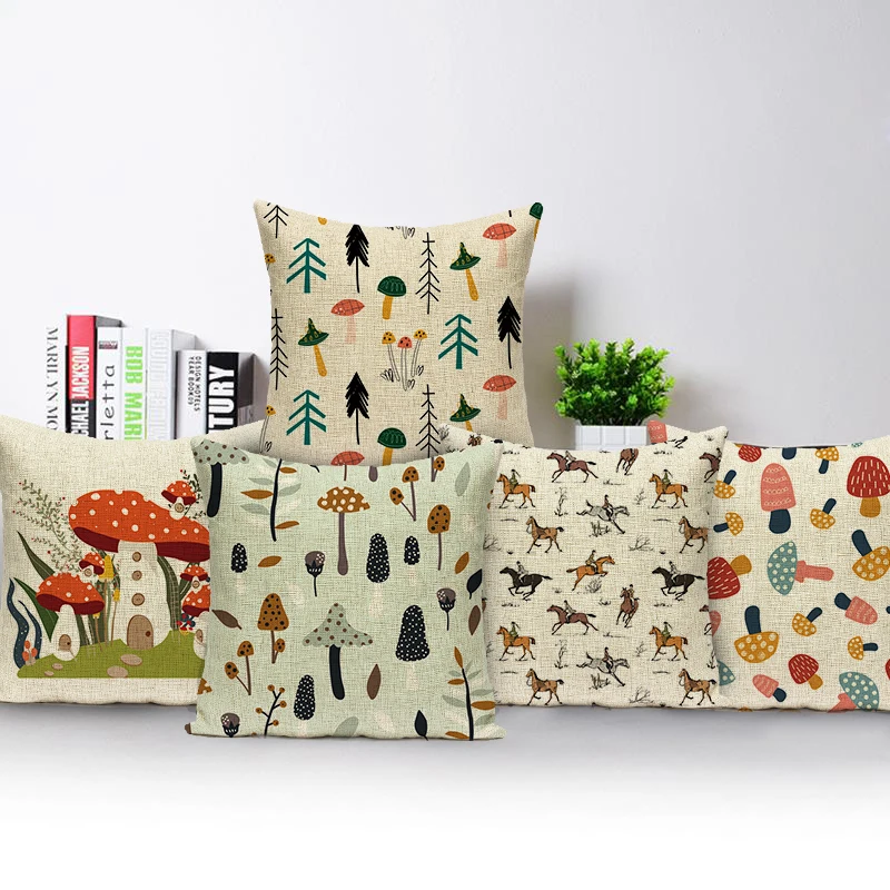 

Colorful Mushrooms Print Throw Pillow Cover Textile Cushion Cover Animal Hedgehog Bear Pillow Case Sofa Chair Pillows Cases
