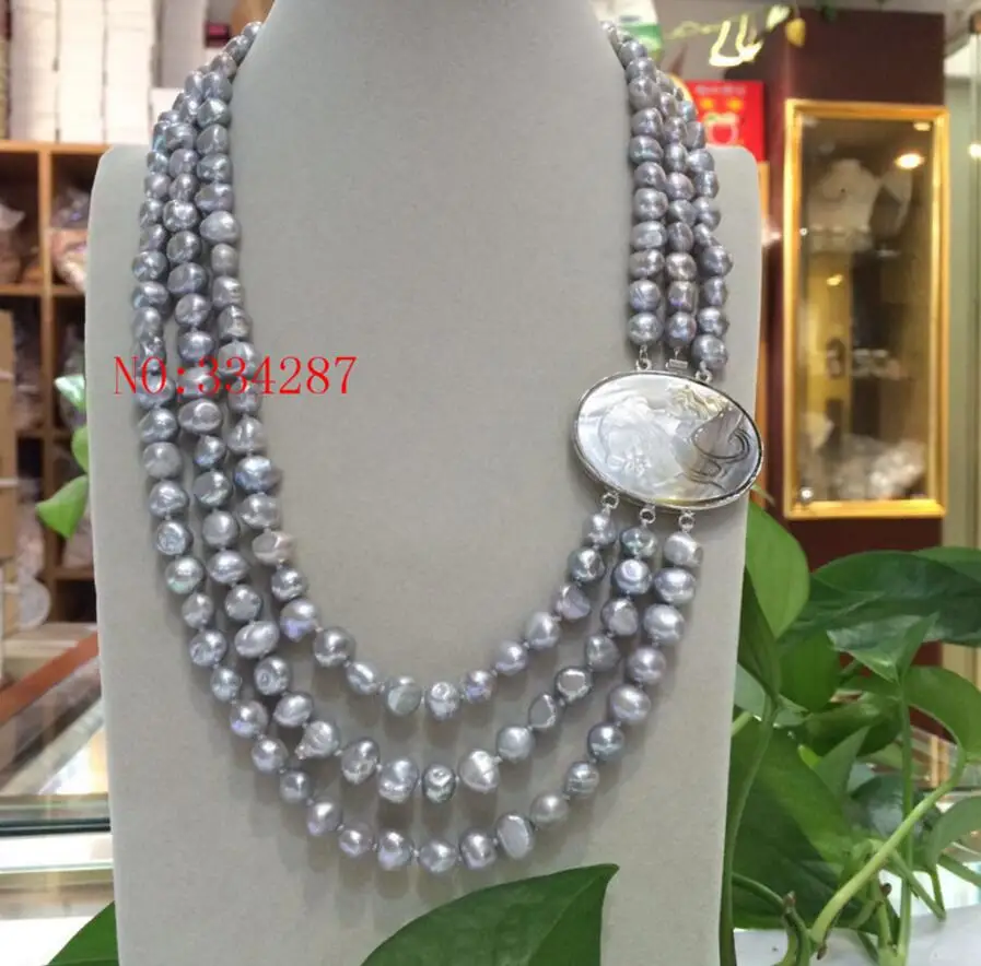 Ожерелье с жемчугом в стиле барокко 19 дюймов 3 ряда 8-9 мм розовое серое белое