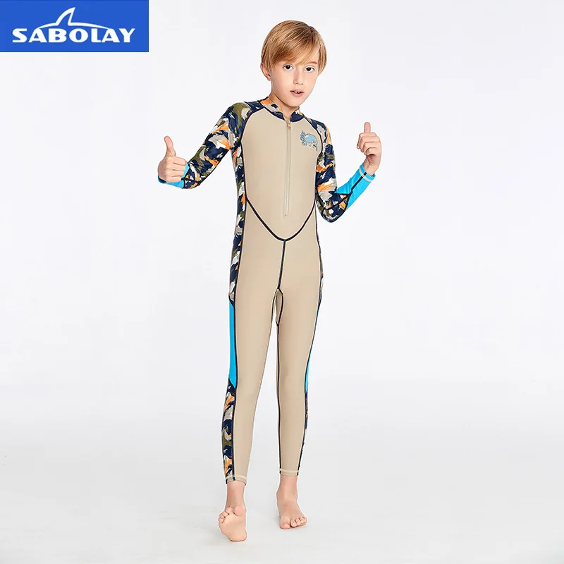 

Sabolay New Children's Diving Suit One-piece Sunscreen Surfing Suit Boys Long-sleeved Cold-proof Jellyfish Snorkeling Swimsuit