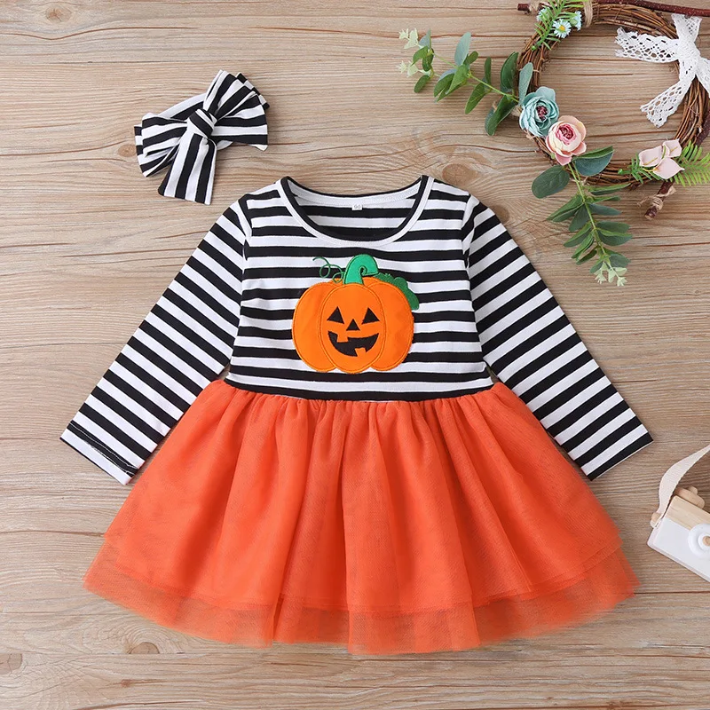 Summer 2020 Girls Dress Cute Long Sleeve O Neck Print Pumpkin Head Striped Vestidos 12M-5T | Детская одежда и обувь