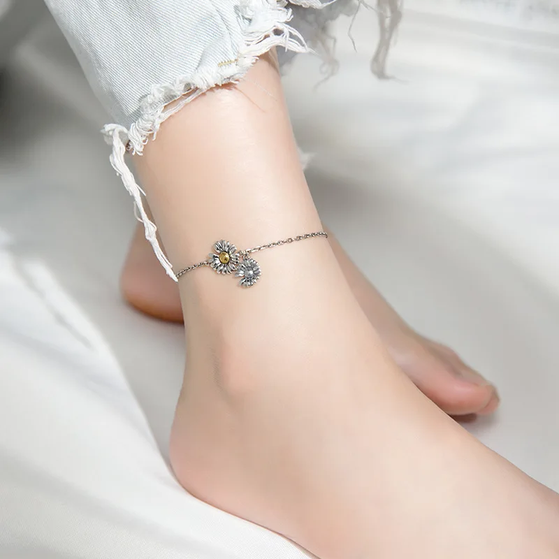 

925 Thai Silver Daisy Woman Anklets Foot Ornament Bracelet For Foot 925 On The Leg Chain Accessories For Jewelry Fashion Gift