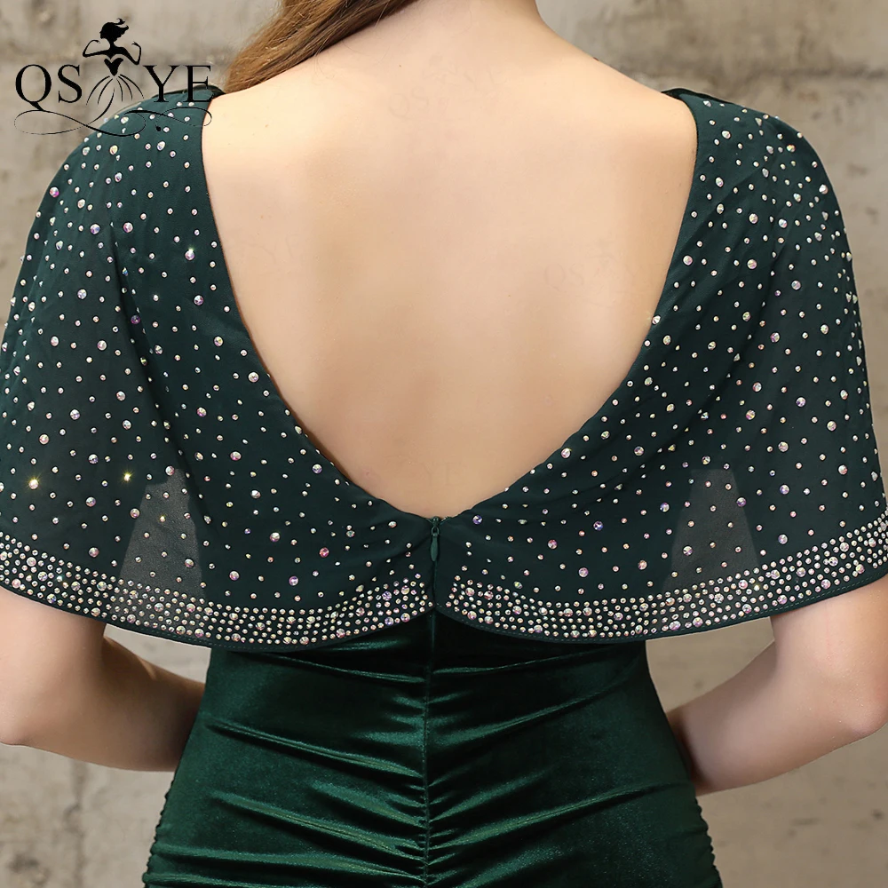 

Emerald Green Evening Dress Long Velvet Party Dress Sequin Sleeves V Neck Formal Dress Ruched Shirred Hips Split Women New Dress