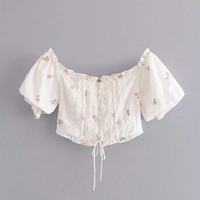 

Stylish Sexy Off Shoulder Embroidery Floral Drawstring Tie Blouses Women Fashion Backless Slash Neck Shirts Female Chic Tops