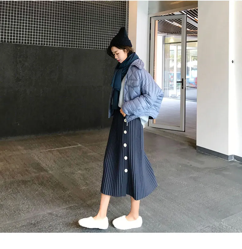 Осенне-зимние эластичные юбки с высокой талией для женщин s Faldas Mujer Moda Jupe вязаные плиссированные юбки женские тонкие юбки на пуговицах