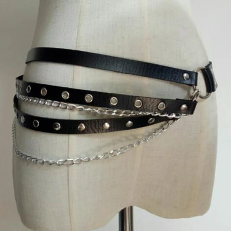 

InsGoth Streetwear Punk Metal Chain Belts Sexy Adjustable Leather Belts Gothic Harajuku Fashion Black Waistbands Body Strip