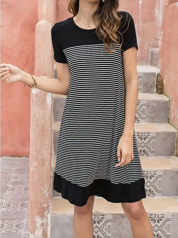 

Summer Women'S Striped Straight Dress Patchwork O-Neck Short-Sleeved A-Line Loose Mini Dress With Ruffles Casual All-Match y2k