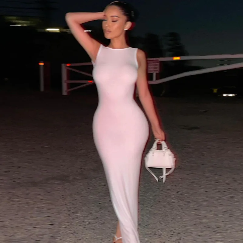 

Женское платье в европейском и американском стиле, новинка 2021, зимнее пикантное облегающее платье без рукавов с открытой спиной и круглым в...