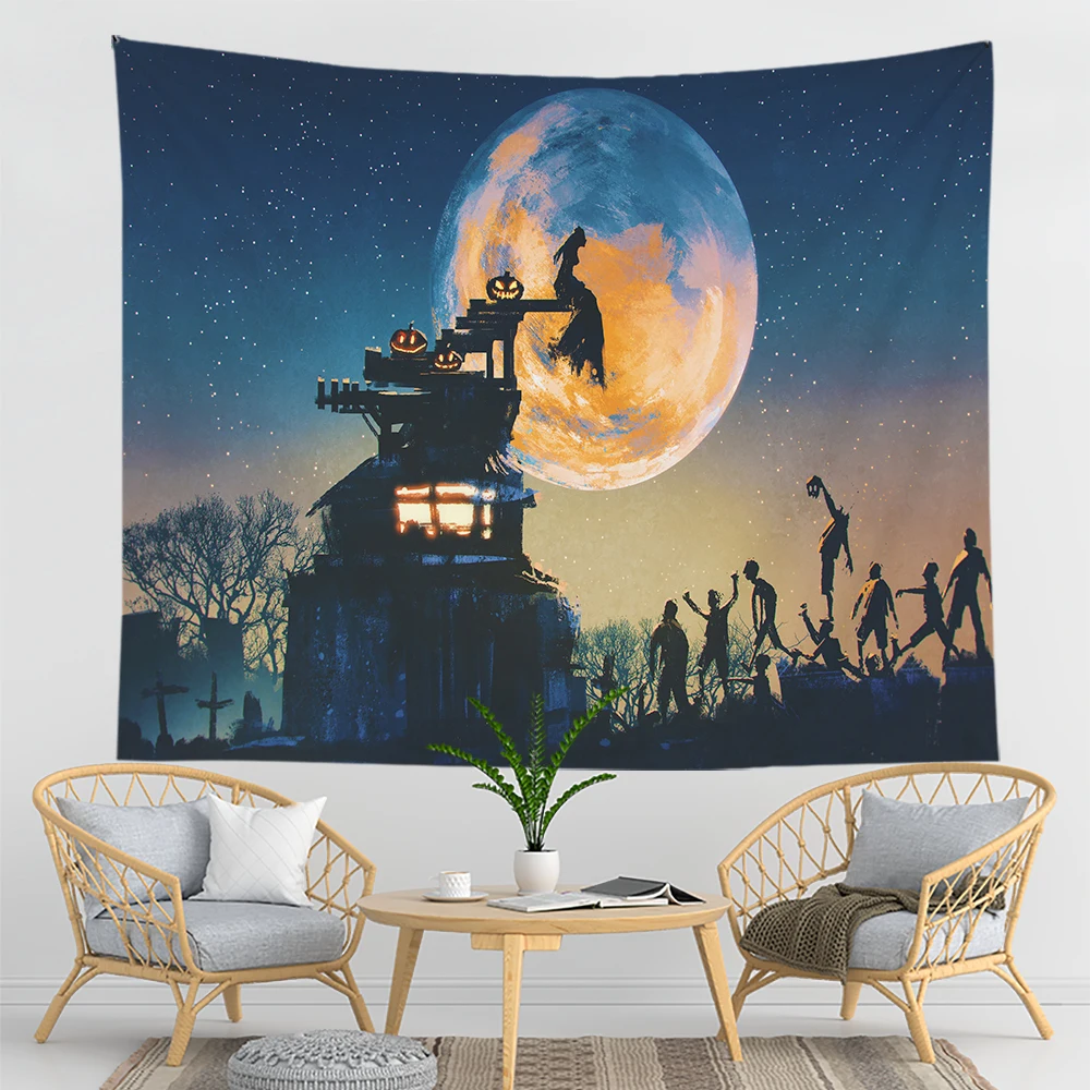 

Halloween Tapestry Wall Hanging Sandy Beach Throw Rug Blanket Camping Tent Travel Pumpkin Bats Sleeping Pad Tapestries