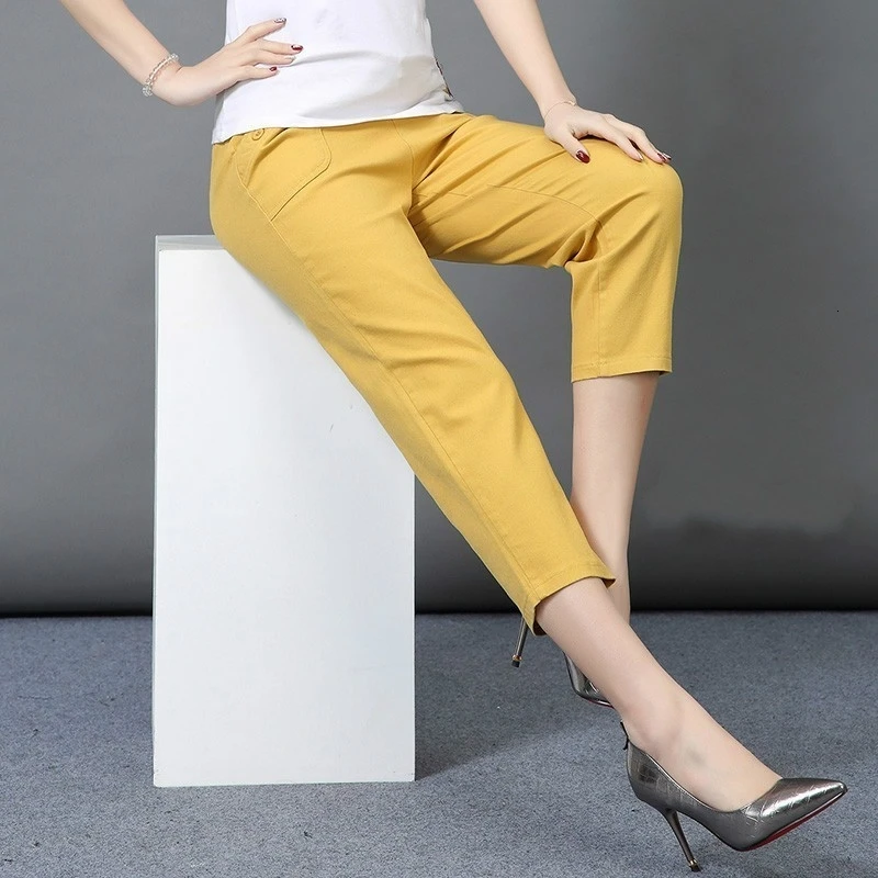 Лето 2019 стильные однотонные женские штаны бриджи повседневные с высокой талией
