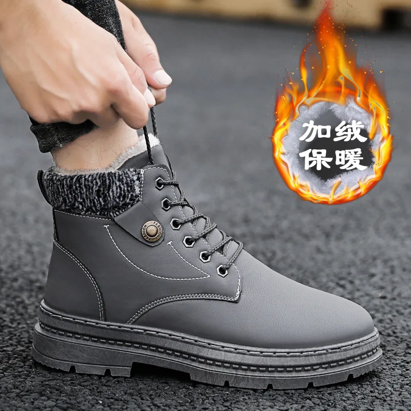 New Injection Molding Shoes In Winter Martin Boots Round Head Black Spot Medium High Top Warm Increasing Trend Men  Snow Boots images - 6
