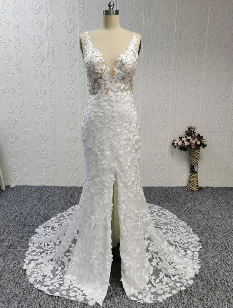 

New design Mermaid deep v neck sleeveless split sexy bridal gowns